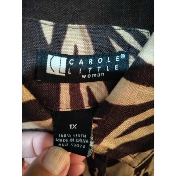 3766)Carole Little Zebra Print Tan Brown Button Down Long Sleeve Linen Top 1X - Picture 7 of 8